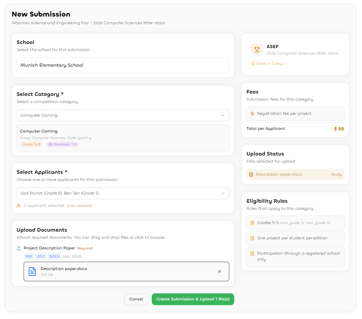 NextArena registration screen enforcing eligibility and quotas automatically