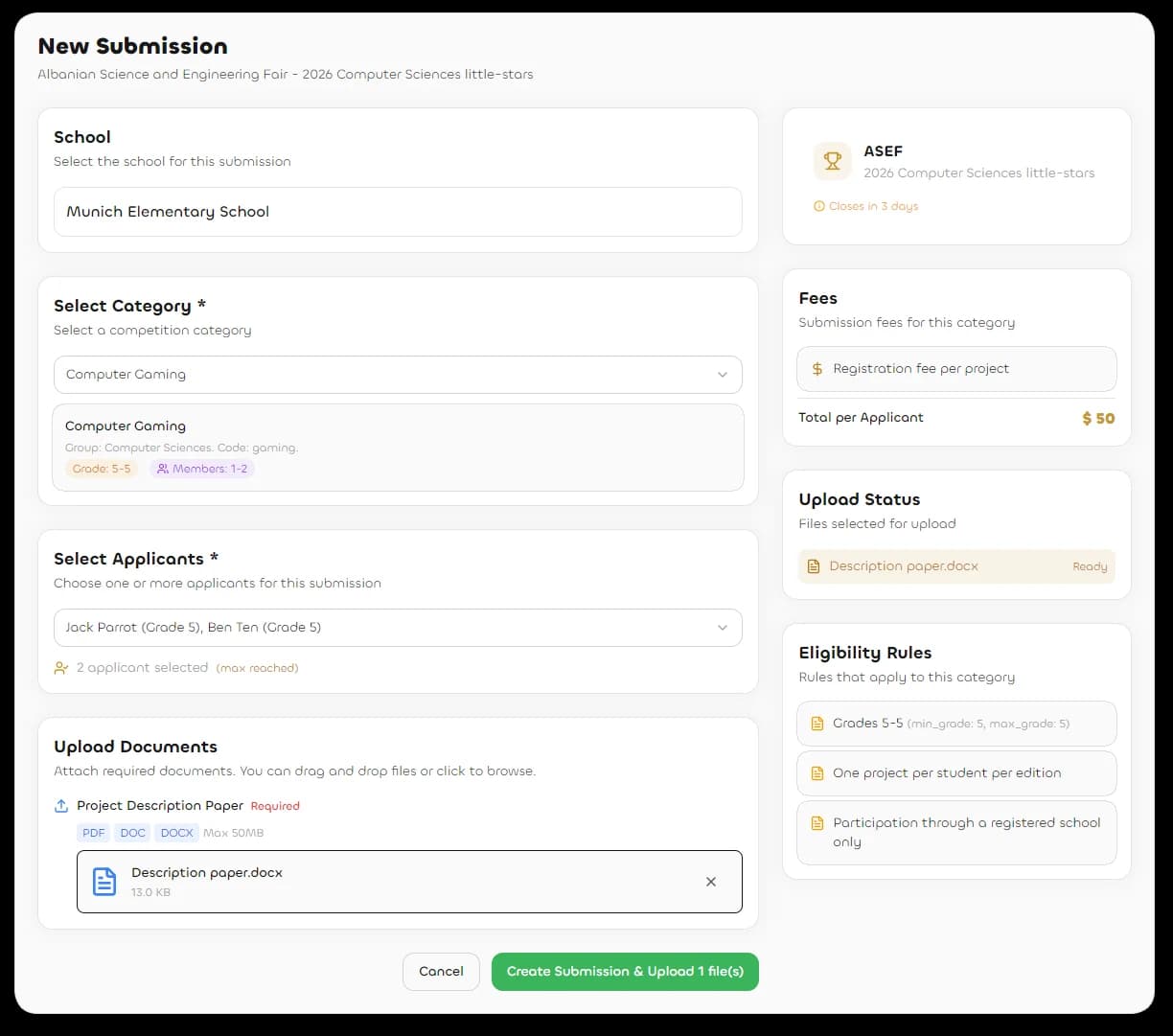 NextArena registration screen enforcing eligibility and quotas automatically