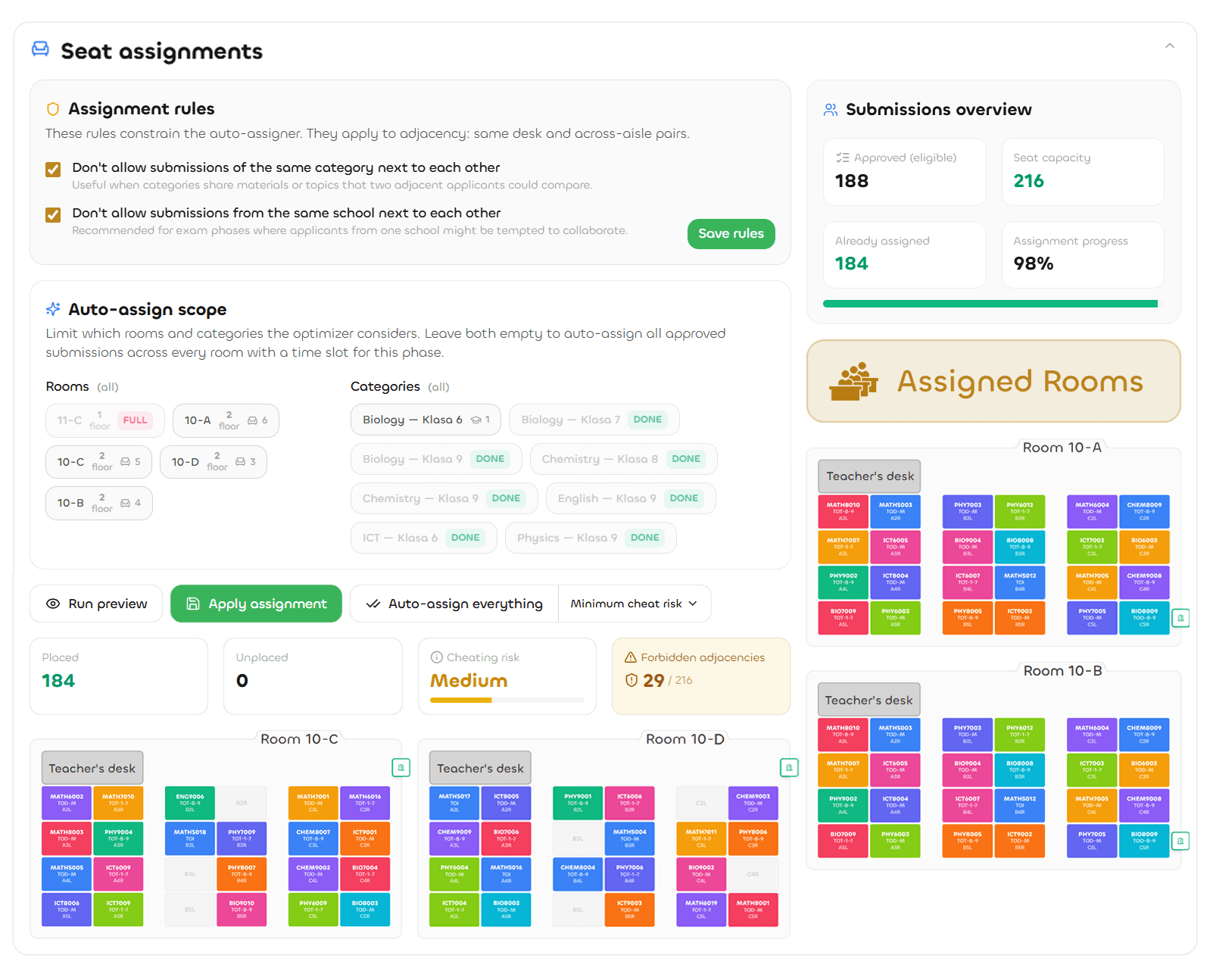 NextArena anti-cheat seating blueprint with automatic jury and invigilator assignment