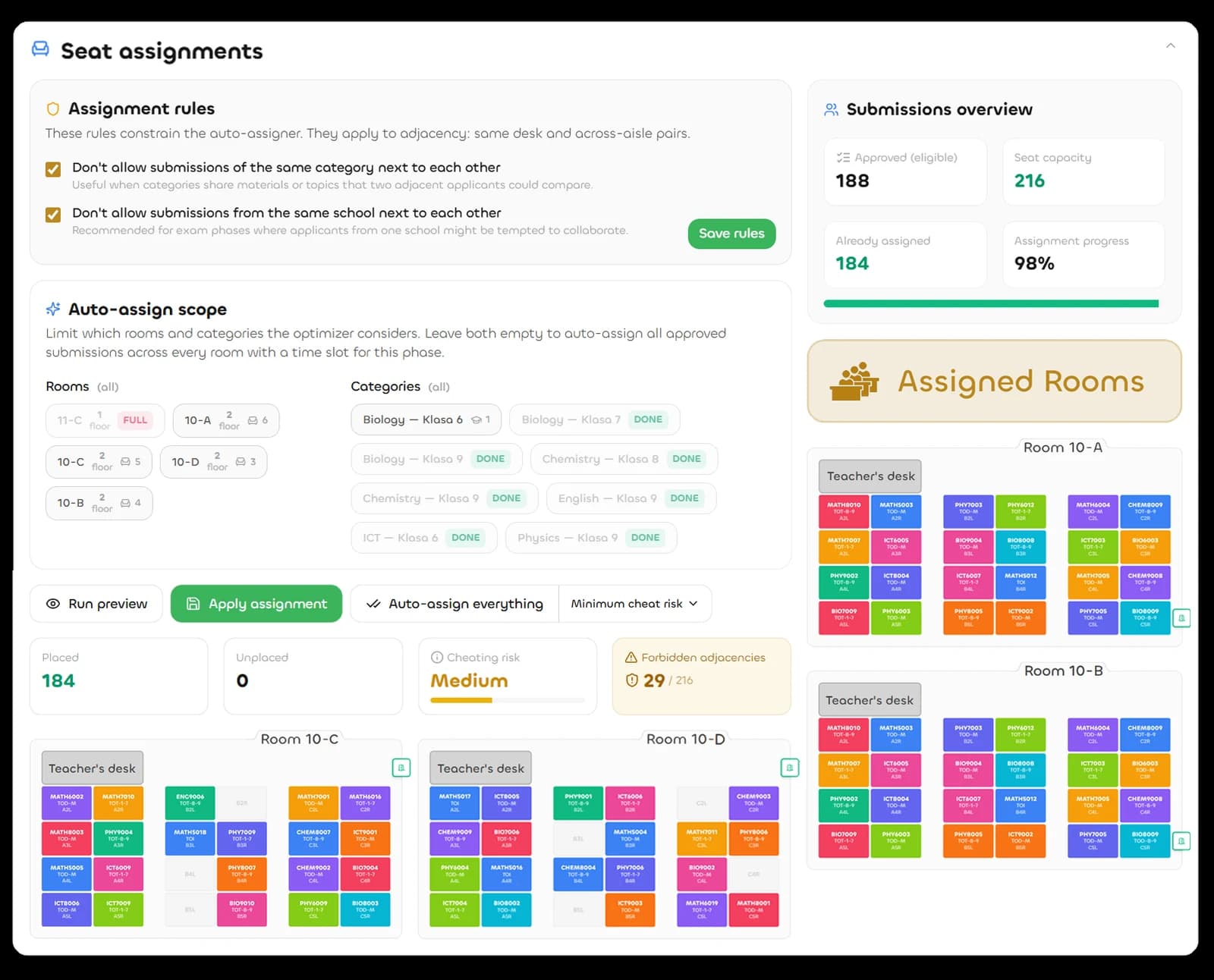 NextArena anti-cheat seating blueprint with automatic jury and invigilator assignment