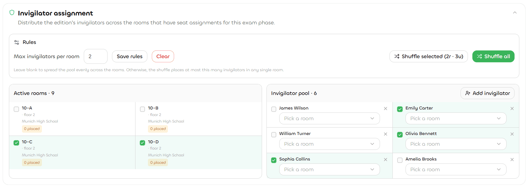 NextArena anti-cheat seating blueprint with automatic jury and invigilator assignment