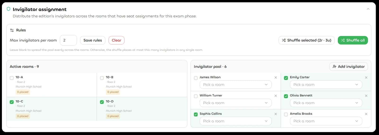 NextArena anti-cheat seating blueprint with automatic jury and invigilator assignment
