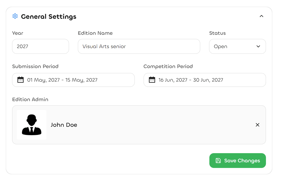 NextArena edition configuration screen with categories, phases and reusable rules
