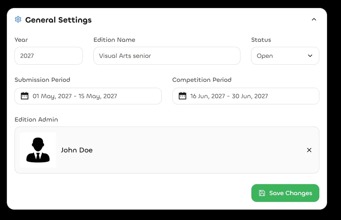 NextArena edition configuration screen with categories, phases and reusable rules