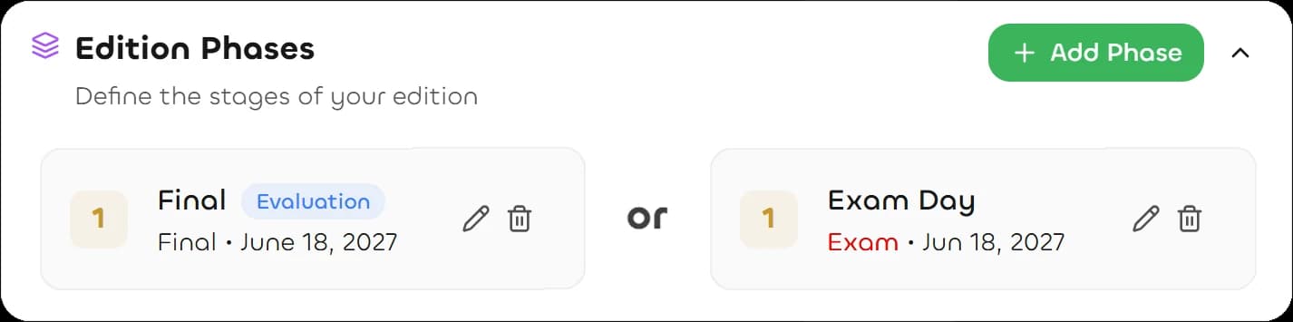 NextArena edition configuration screen with categories, phases and reusable rules