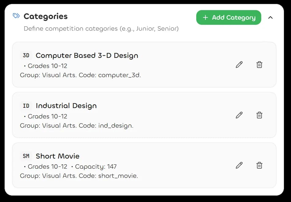 NextArena edition configuration screen with categories, phases and reusable rules
